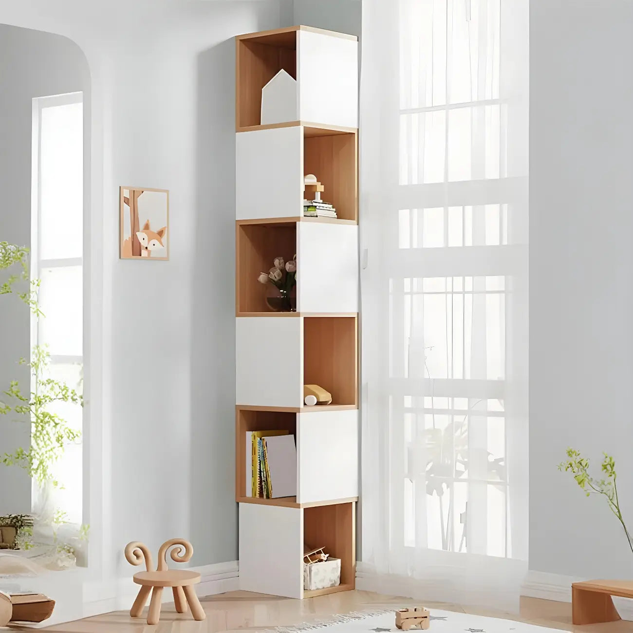 Bibliothèque d'angle haute en bois à 5 niveaux pour petits espaces