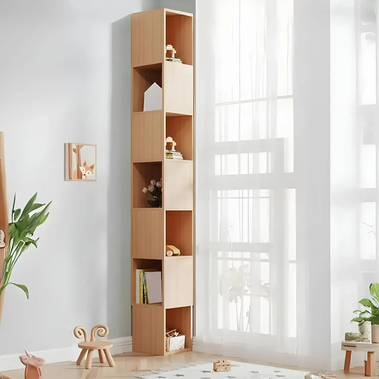 Bibliothèque d'angle haute en bois à 5 niveaux pour petits espaces