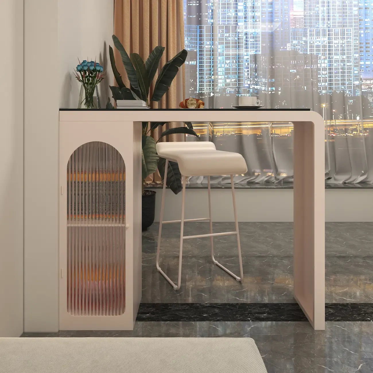 Tables de bar modernes en pierre et métal à double piédestal avec rangement intégré