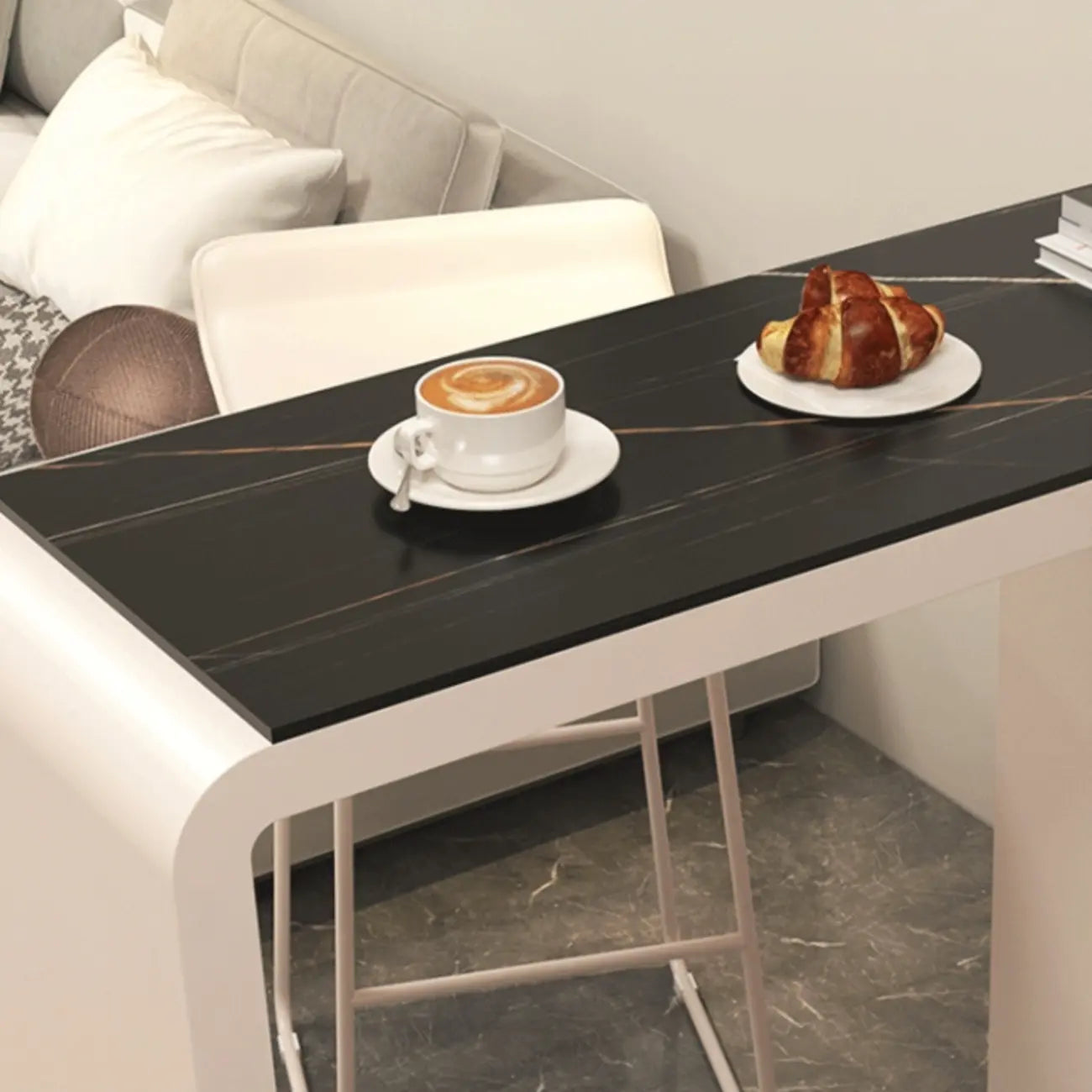 Tables de bar modernes en pierre et métal à double piédestal avec rangement intégré