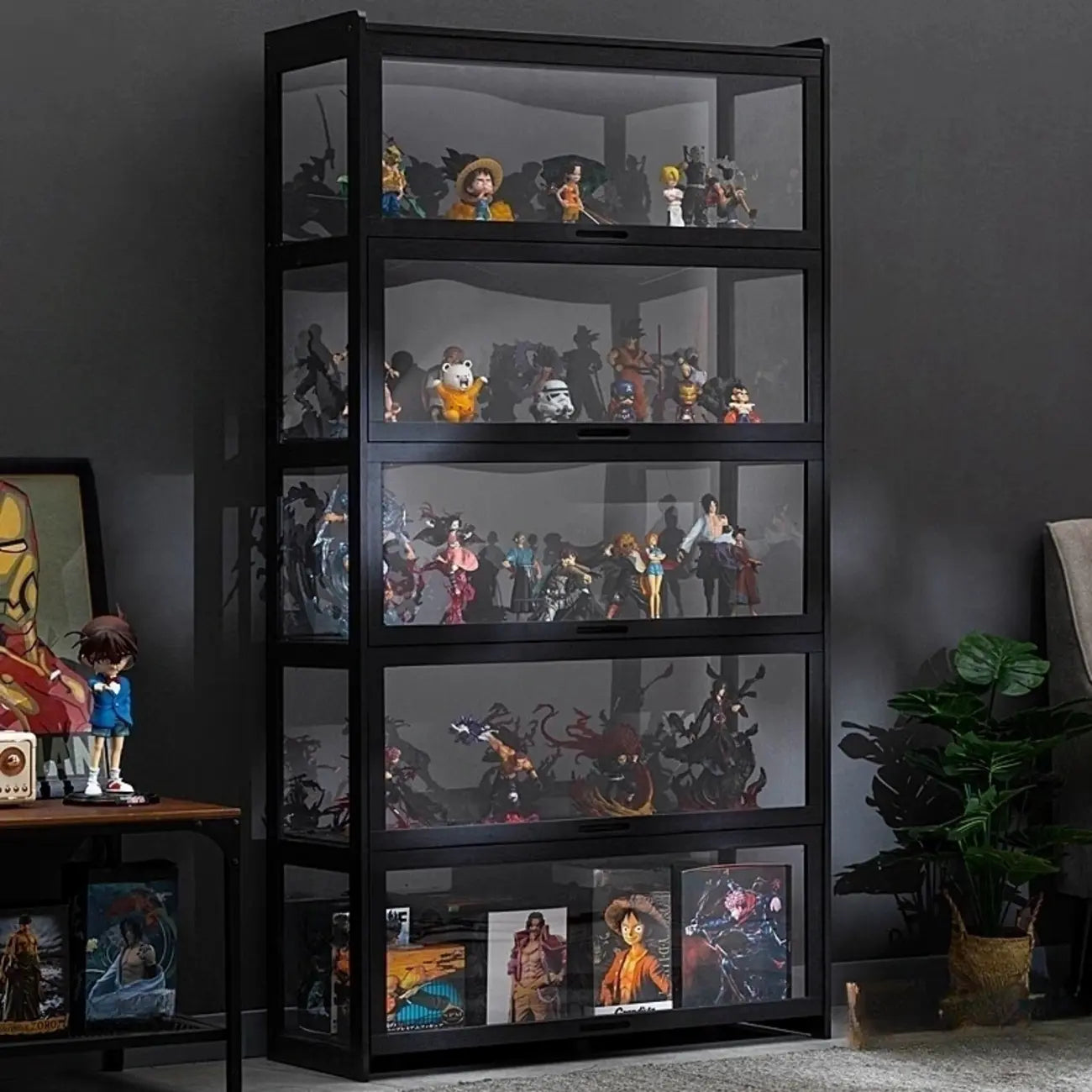 Vitrine moderne en bambou noir et verre avec porte rabattable