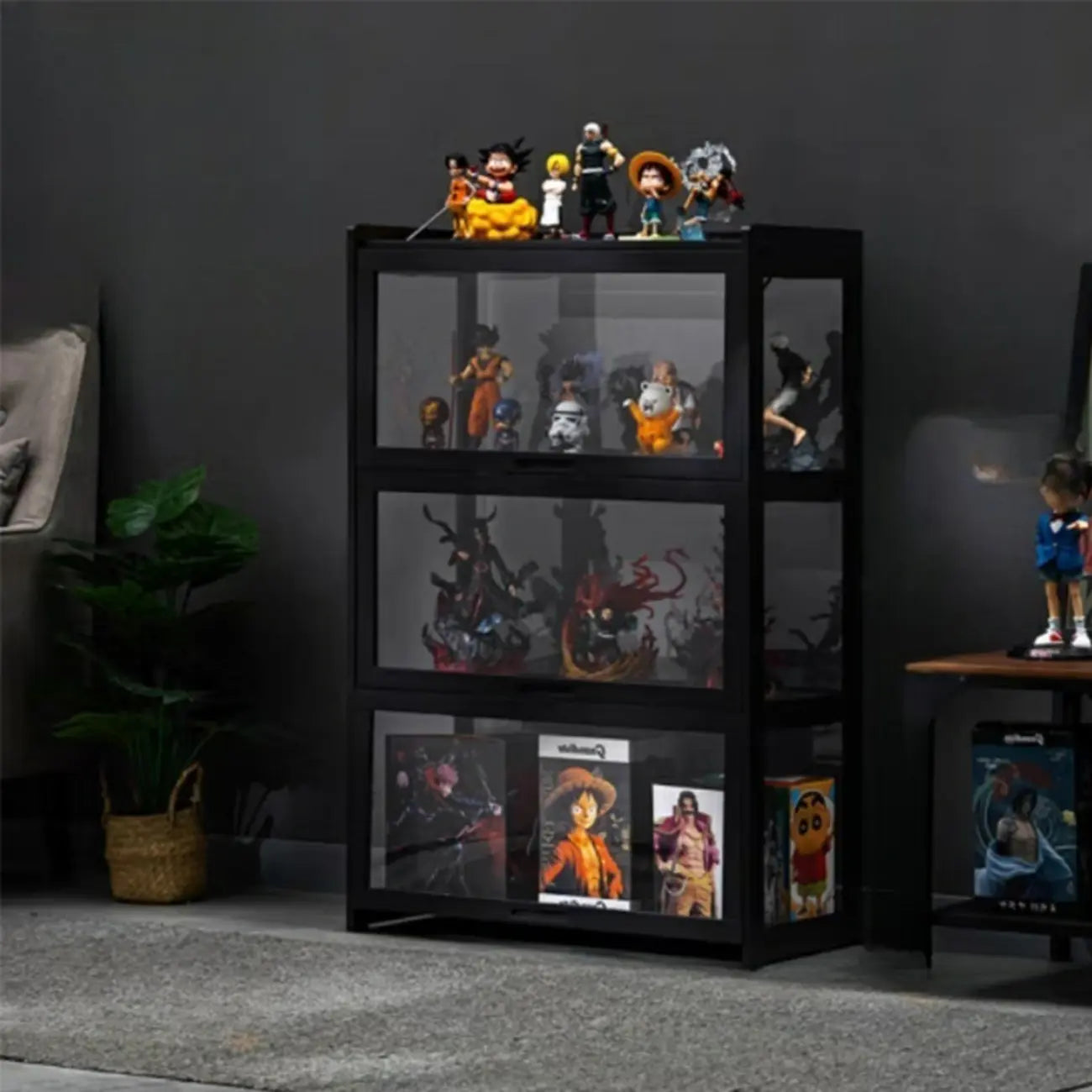 Vitrine moderne en bambou noir et verre avec porte rabattable