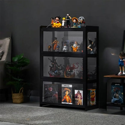 Vitrine moderne en bambou noir et verre avec porte rabattable