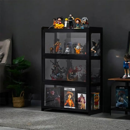 Vitrine moderne en bambou noir et verre avec porte rabattable