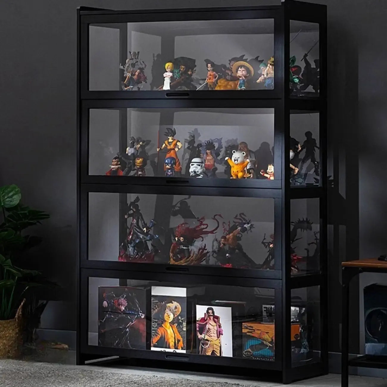 Vitrine moderne en bambou noir et verre avec porte rabattable