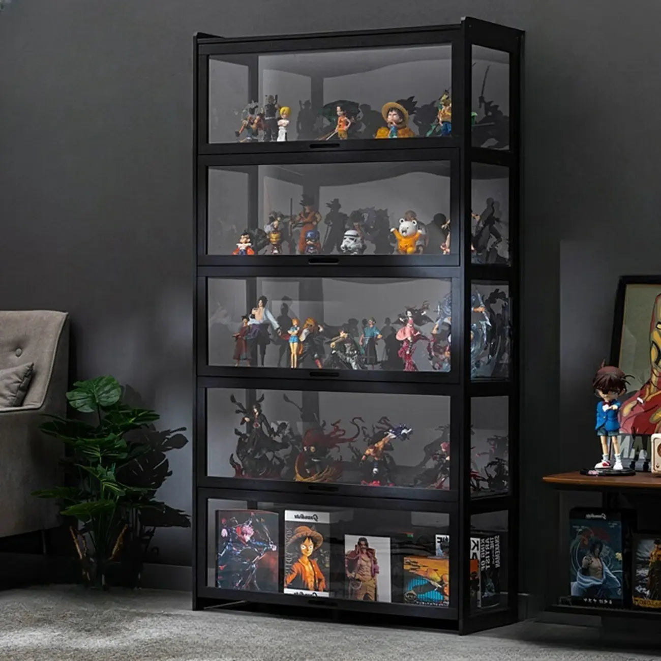 Vitrine moderne en bambou noir et verre avec porte rabattable