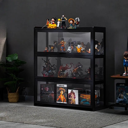 Vitrine moderne en bambou noir et verre avec porte rabattable