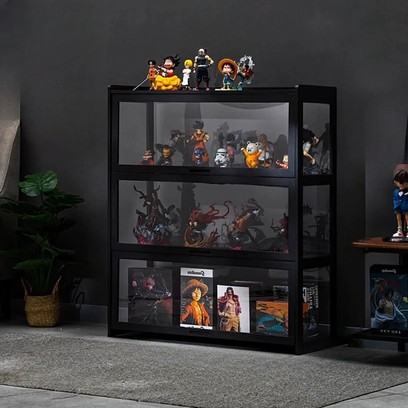 Vitrine moderne en bambou noir et verre avec porte rabattable