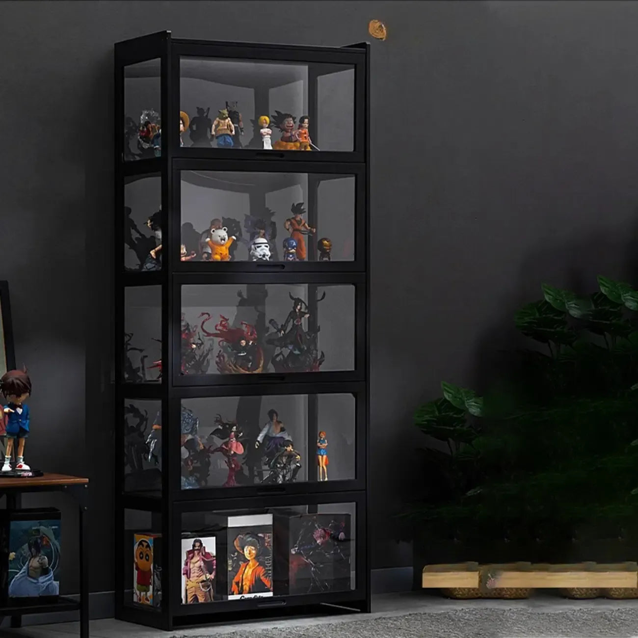 Vitrine moderne en bambou noir et verre avec porte rabattable