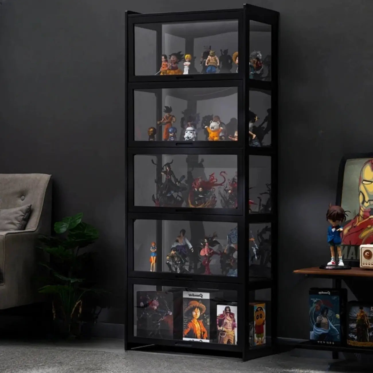 Vitrine moderne en bambou noir et verre avec porte rabattable