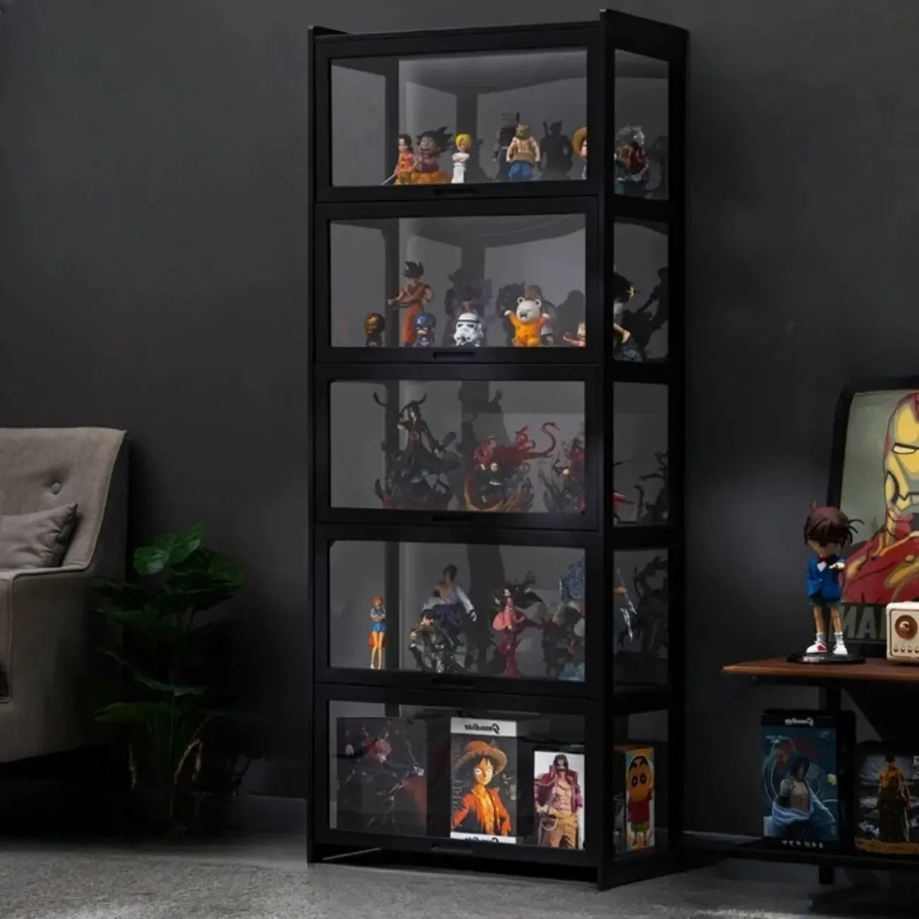 Vitrine moderne en bambou noir et verre avec porte rabattable