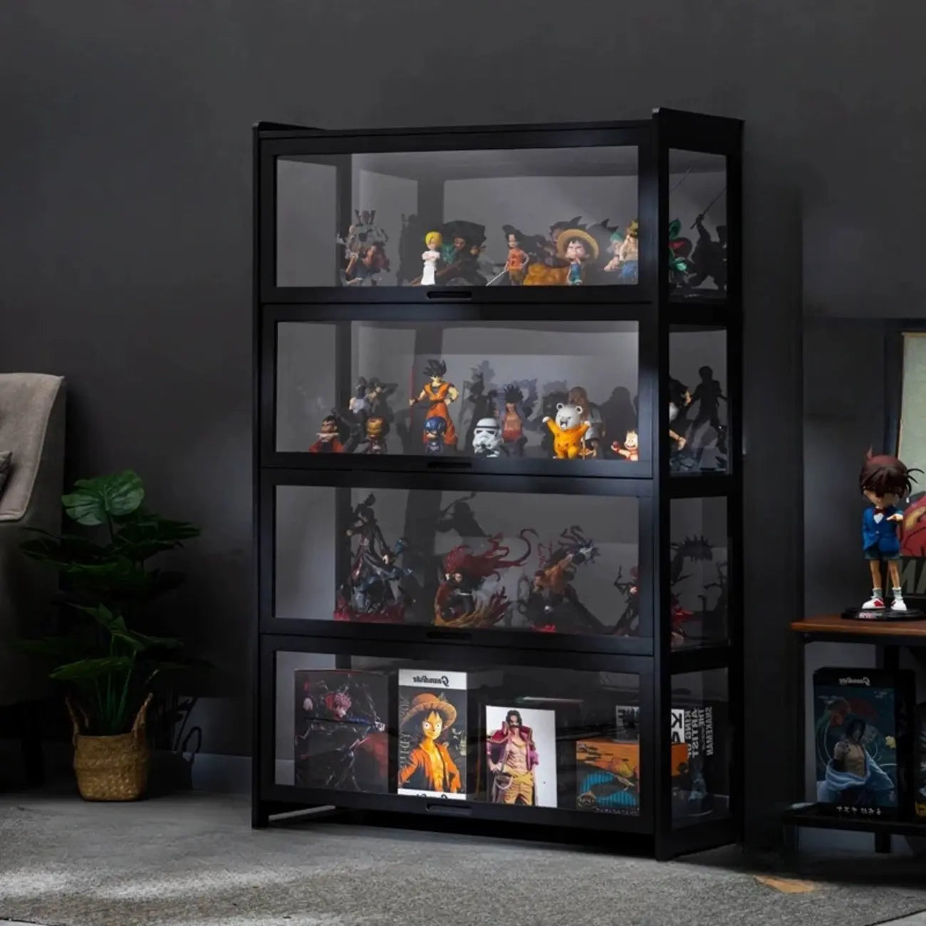 Vitrine moderne en bambou noir et verre avec porte rabattable