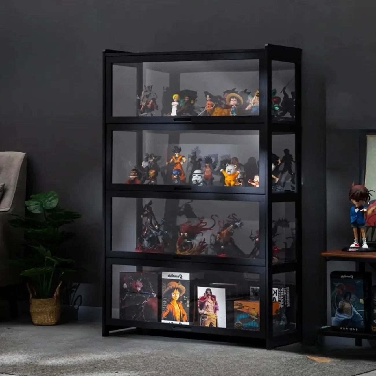 Vitrine moderne en bambou noir et verre avec porte rabattable