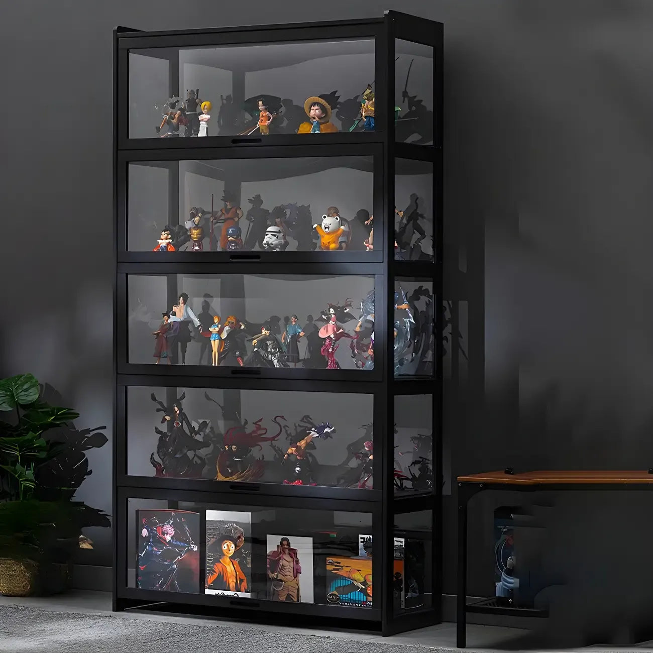 Vitrine moderne en bambou noir et verre avec porte rabattable