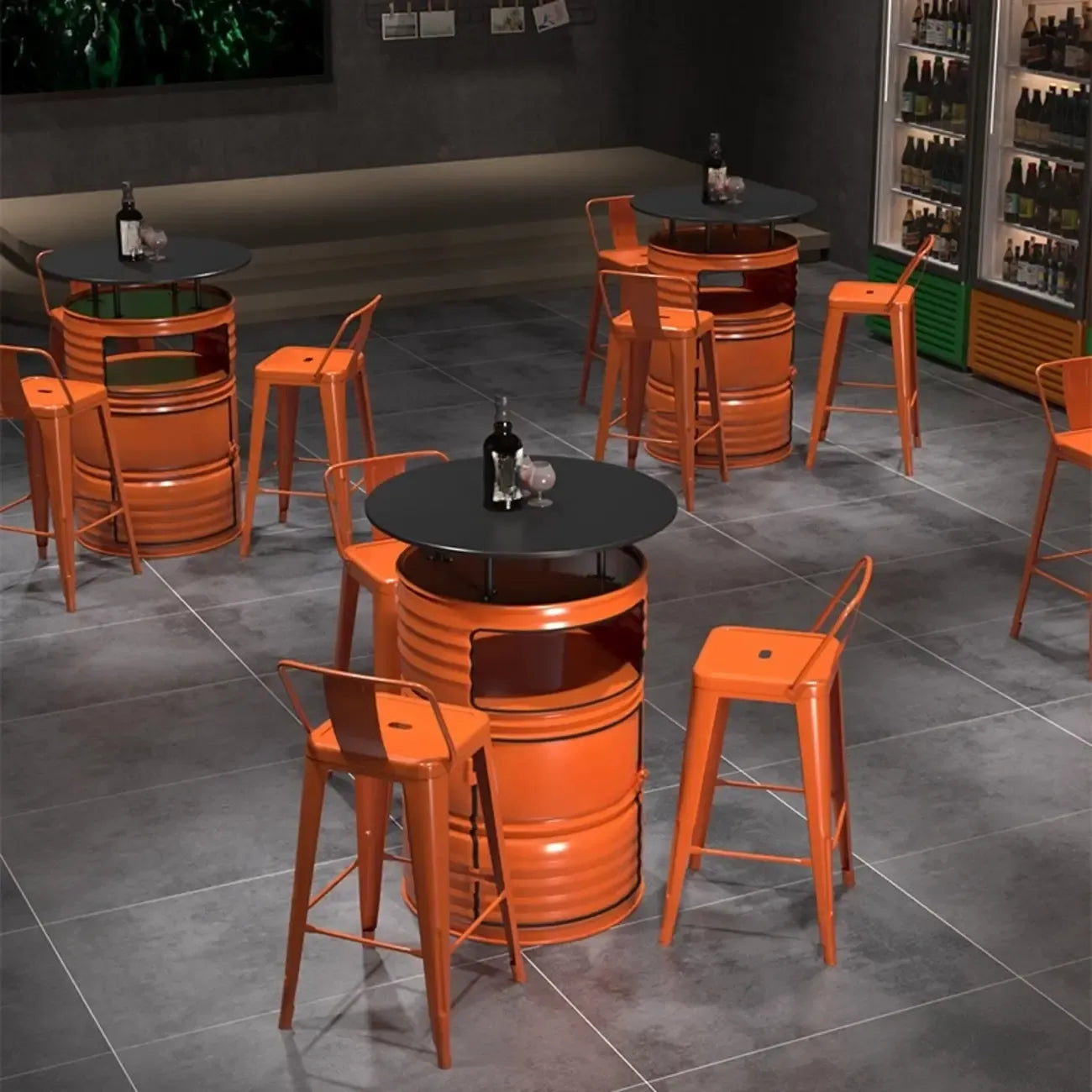 Tables de bar industrielles noires et oranges pour le rangement de fûts en métal