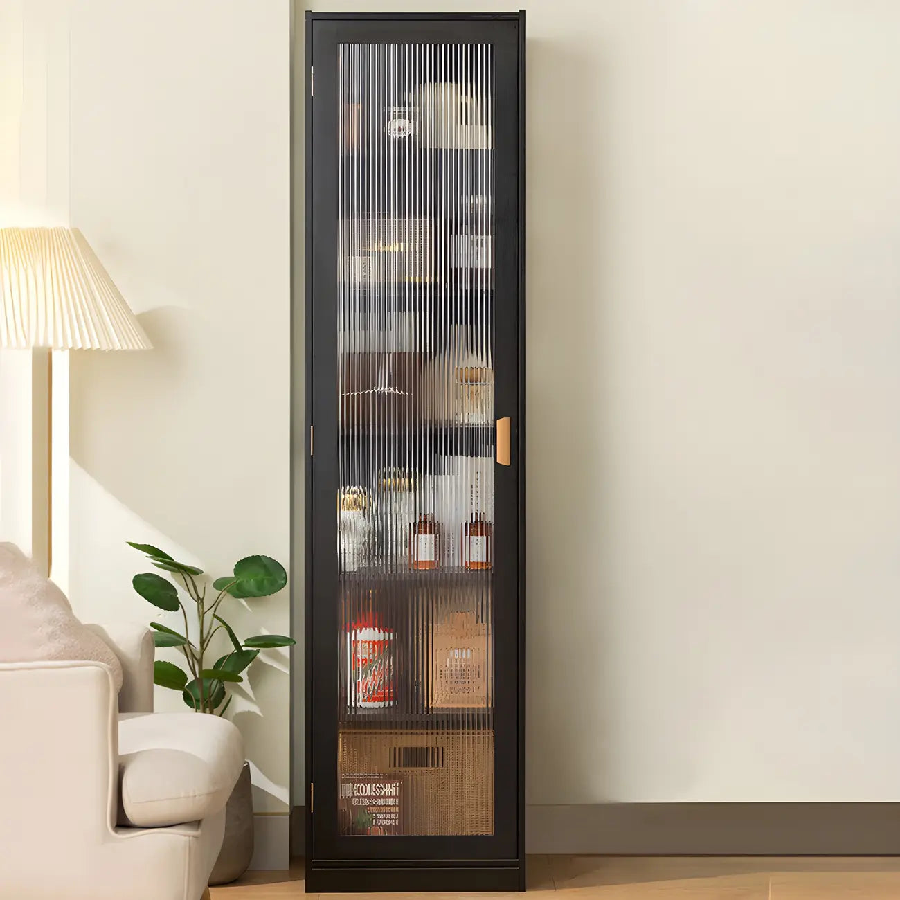 Vitrine étroite et réglable de style scandinave en bambou et verre