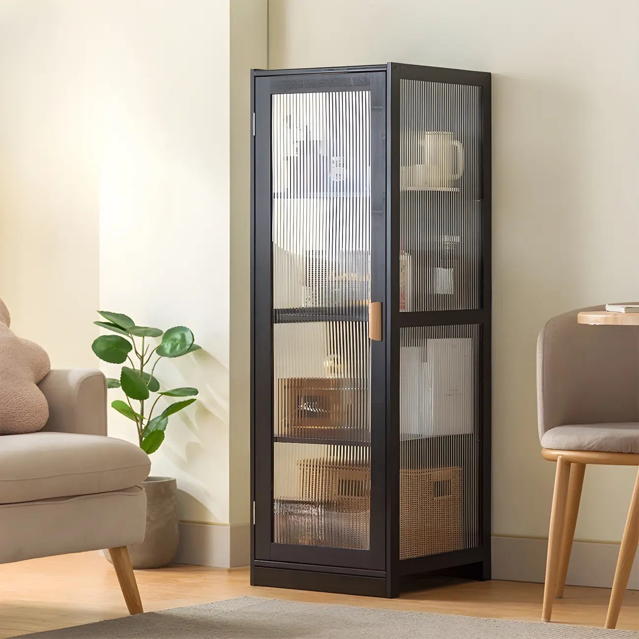 Vitrine étroite et réglable de style scandinave en bambou et verre