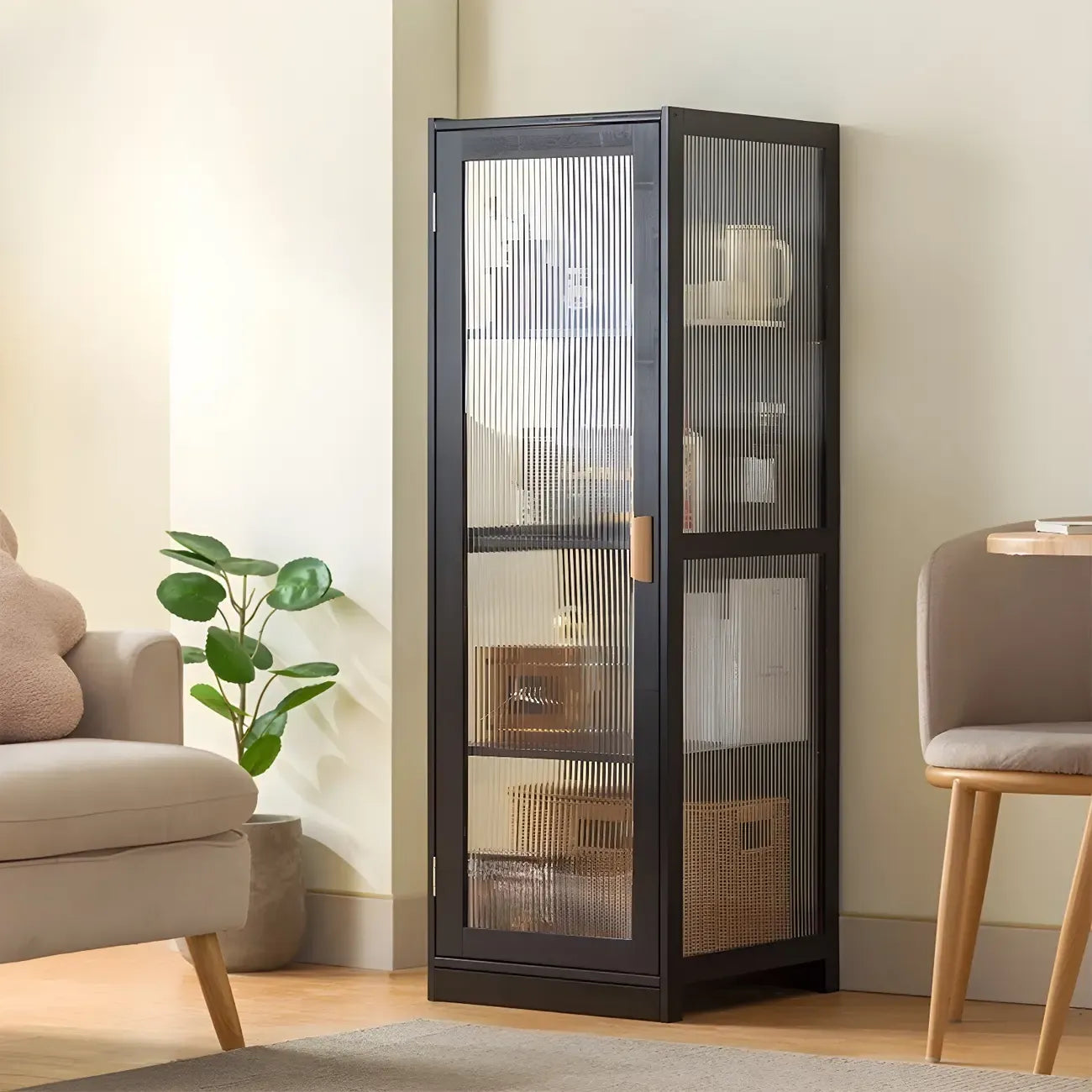 Vitrine étroite et réglable de style scandinave en bambou et verre