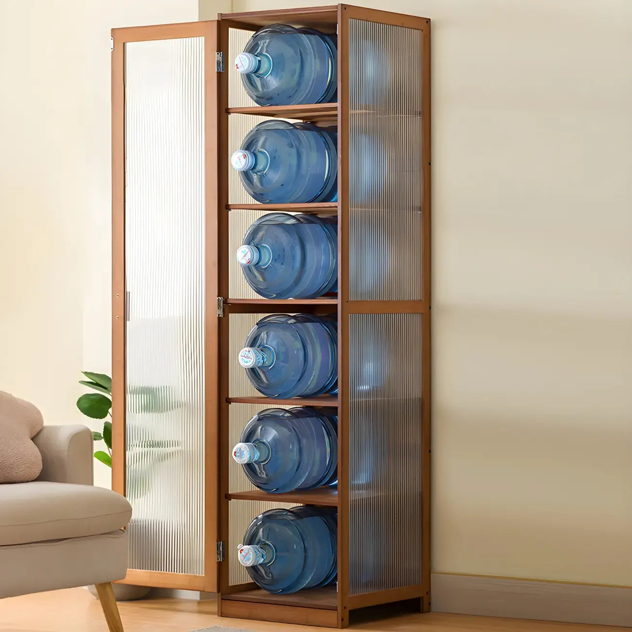 Vitrine étroite et réglable de style scandinave en bambou et verre