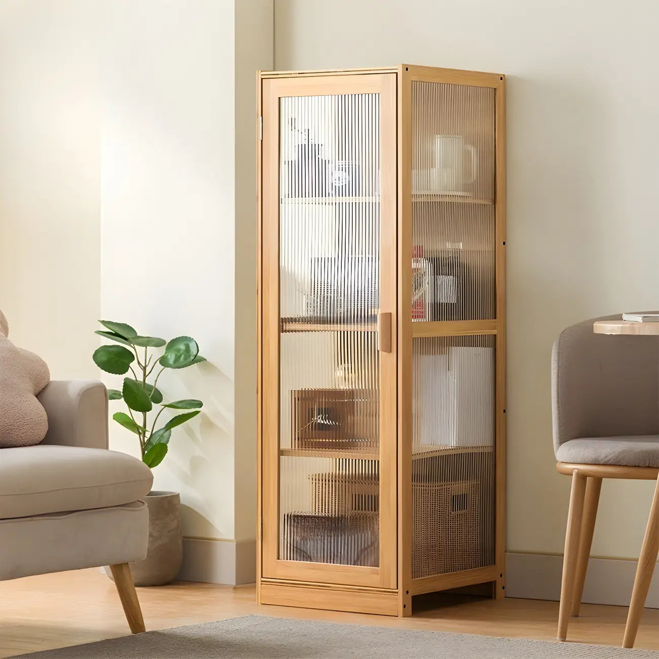 Vitrine étroite et réglable de style scandinave en bambou et verre