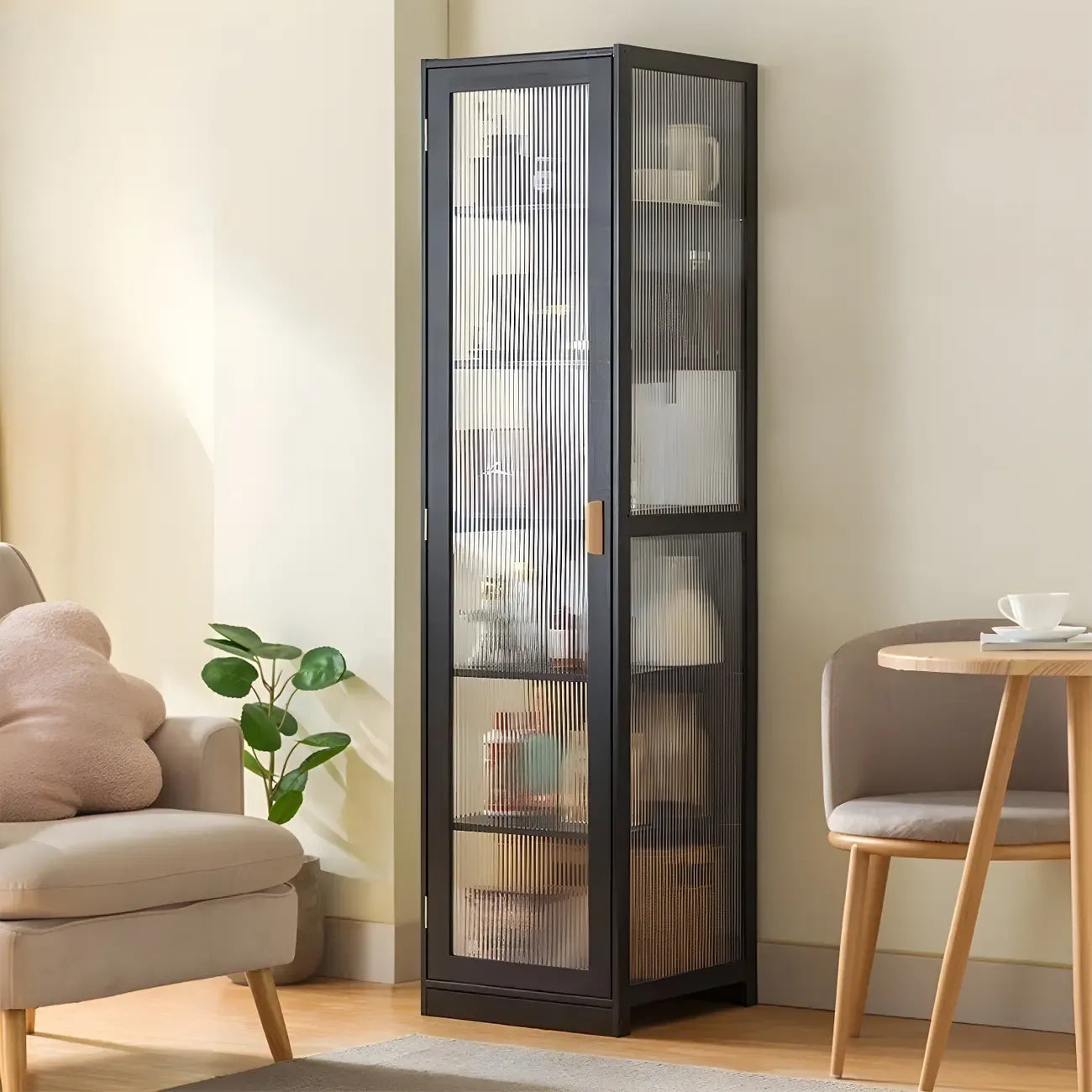 Vitrine étroite et réglable de style scandinave en bambou et verre