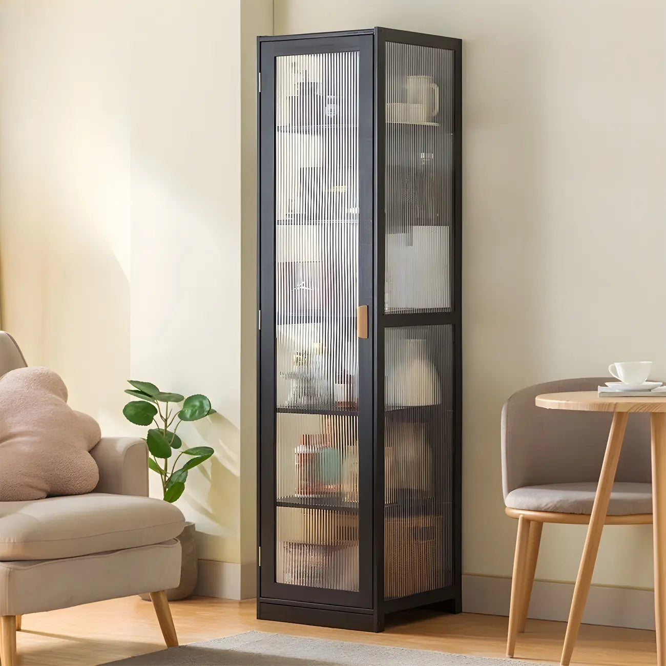 Vitrine étroite et réglable de style scandinave en bambou et verre