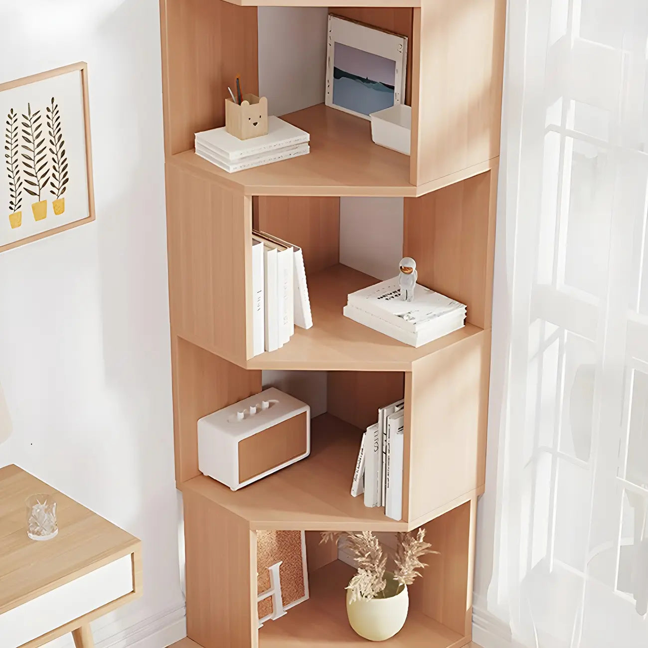 Bibliothèque d'angle moderne à 7 étagères en bois blanc