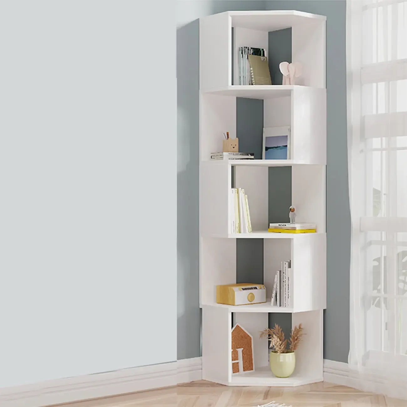 Bibliothèque d'angle moderne à 7 étagères en bois blanc