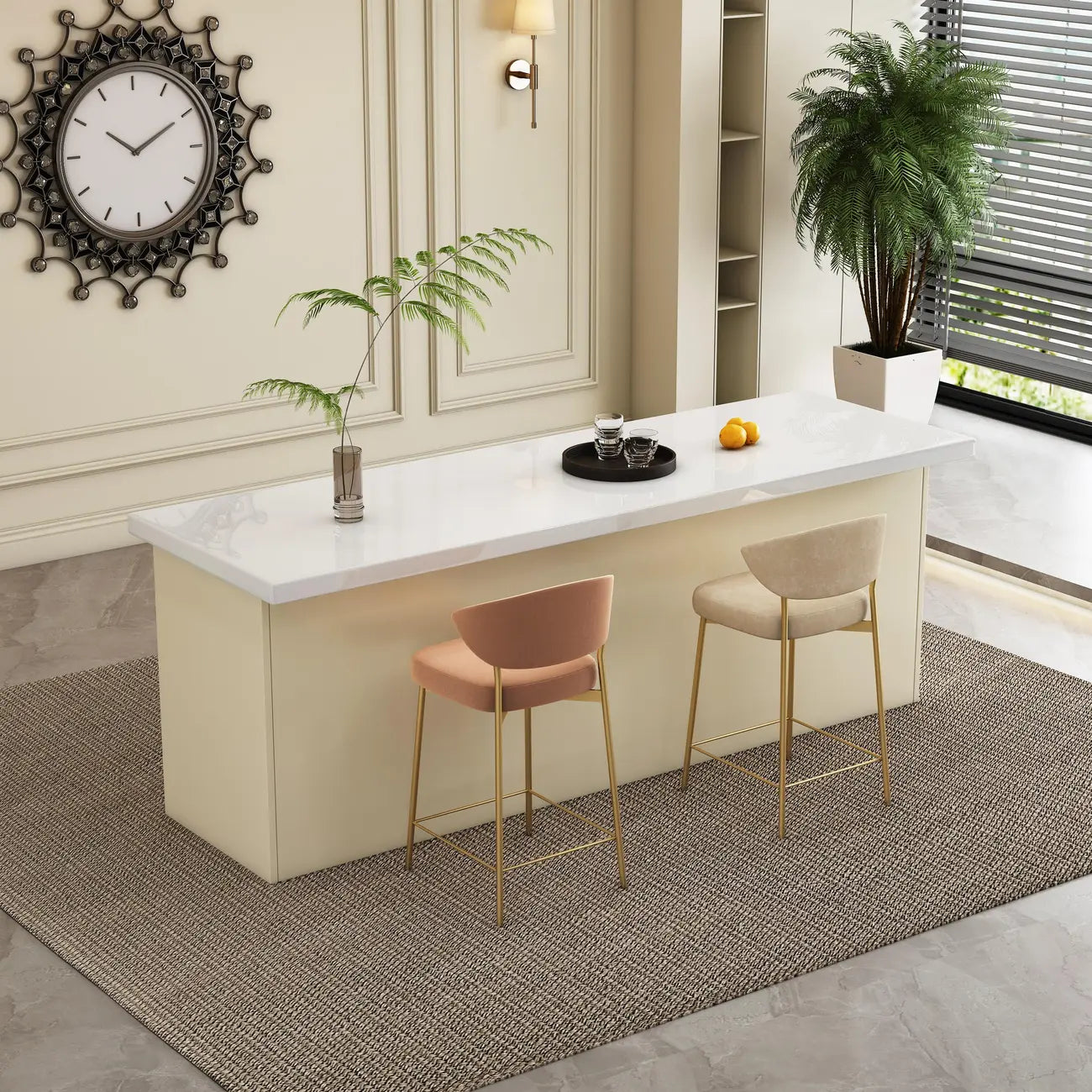 Tables de bar modernes en bois imitation marbre blanc avec rangement