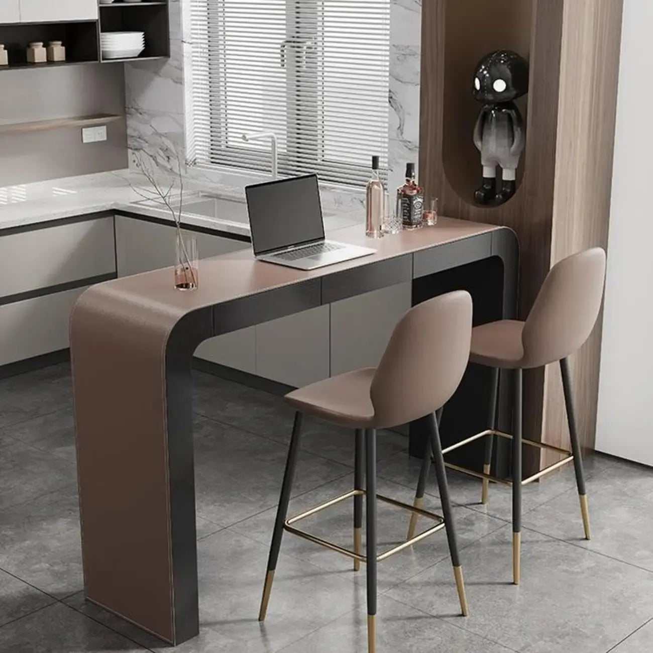 Tables de bar modernes en cuir marron et bois courbé avec 3 tiroirs