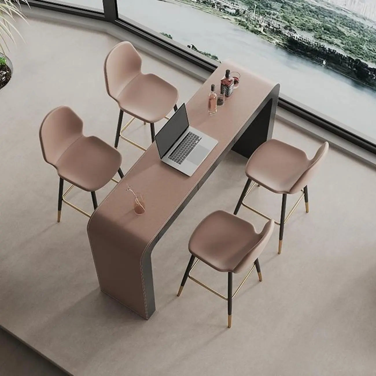 Tables de bar modernes en cuir marron et bois courbé avec 3 tiroirs