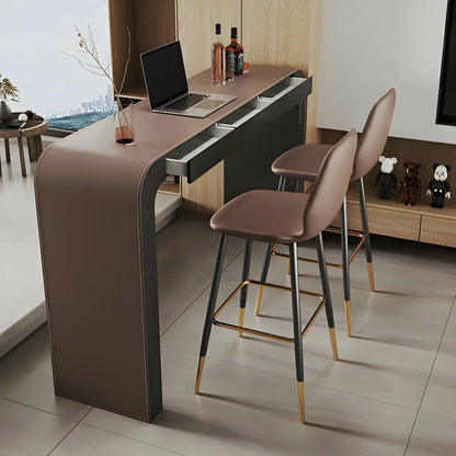 Tables de bar modernes en cuir marron et bois courbé avec 3 tiroirs