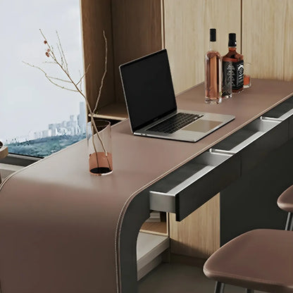 Tables de bar modernes en cuir marron et bois courbé avec 3 tiroirs