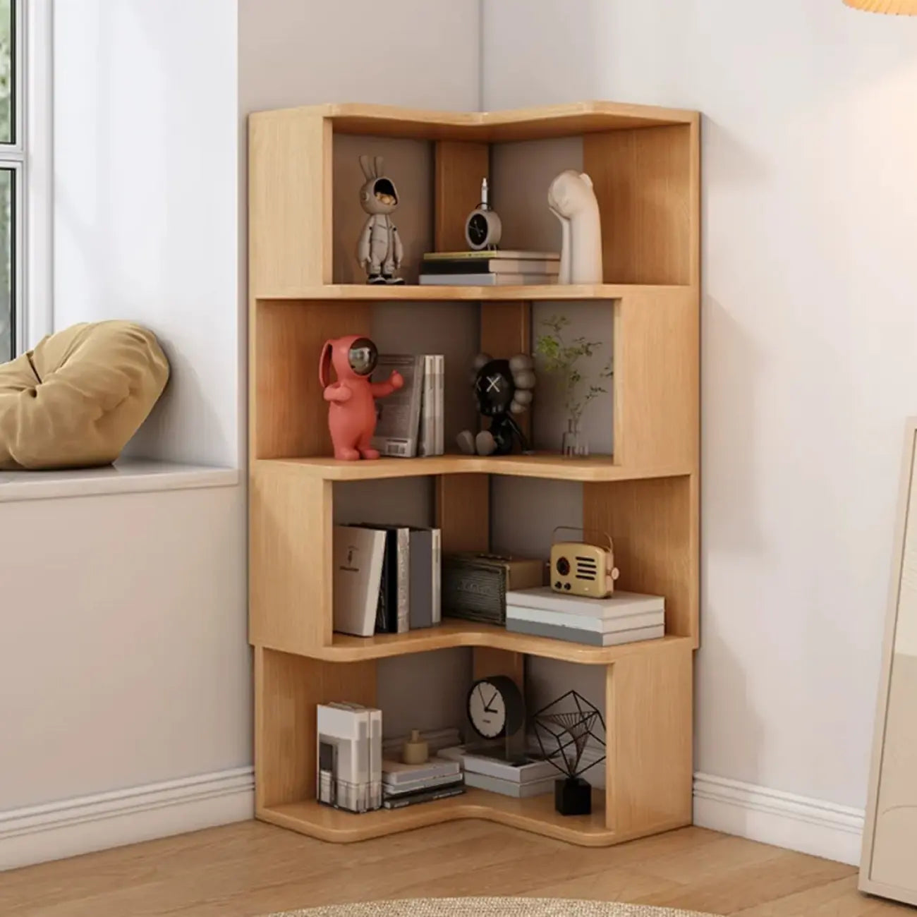 Élégante bibliothèque d'angle en bois en forme d'échelle de L