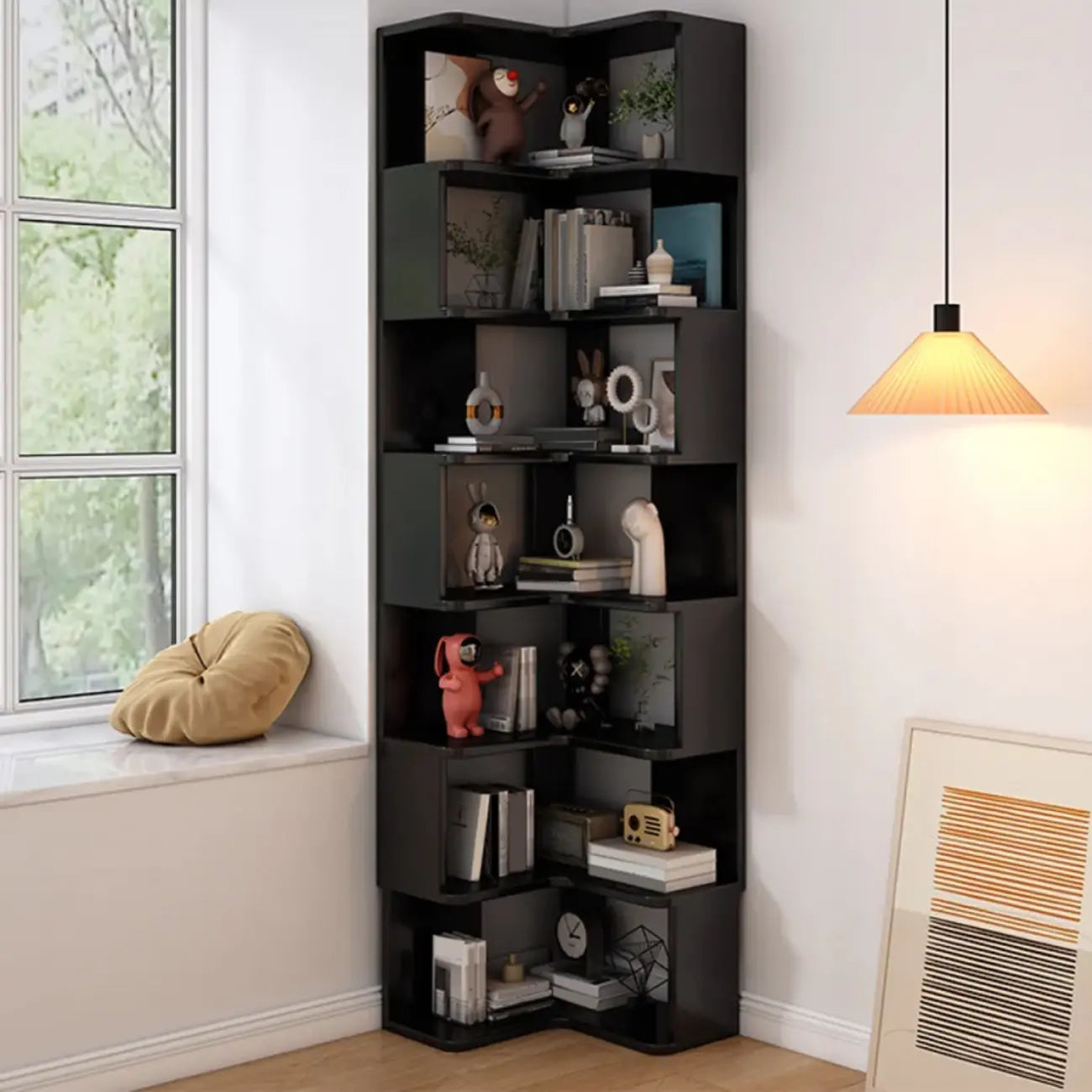 Élégante bibliothèque d'angle en bois en forme d'échelle de L
