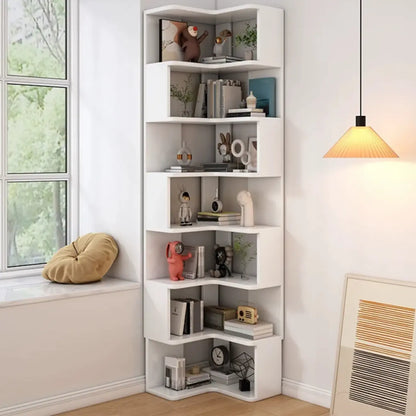Élégante bibliothèque d'angle en bois en forme d'échelle de L