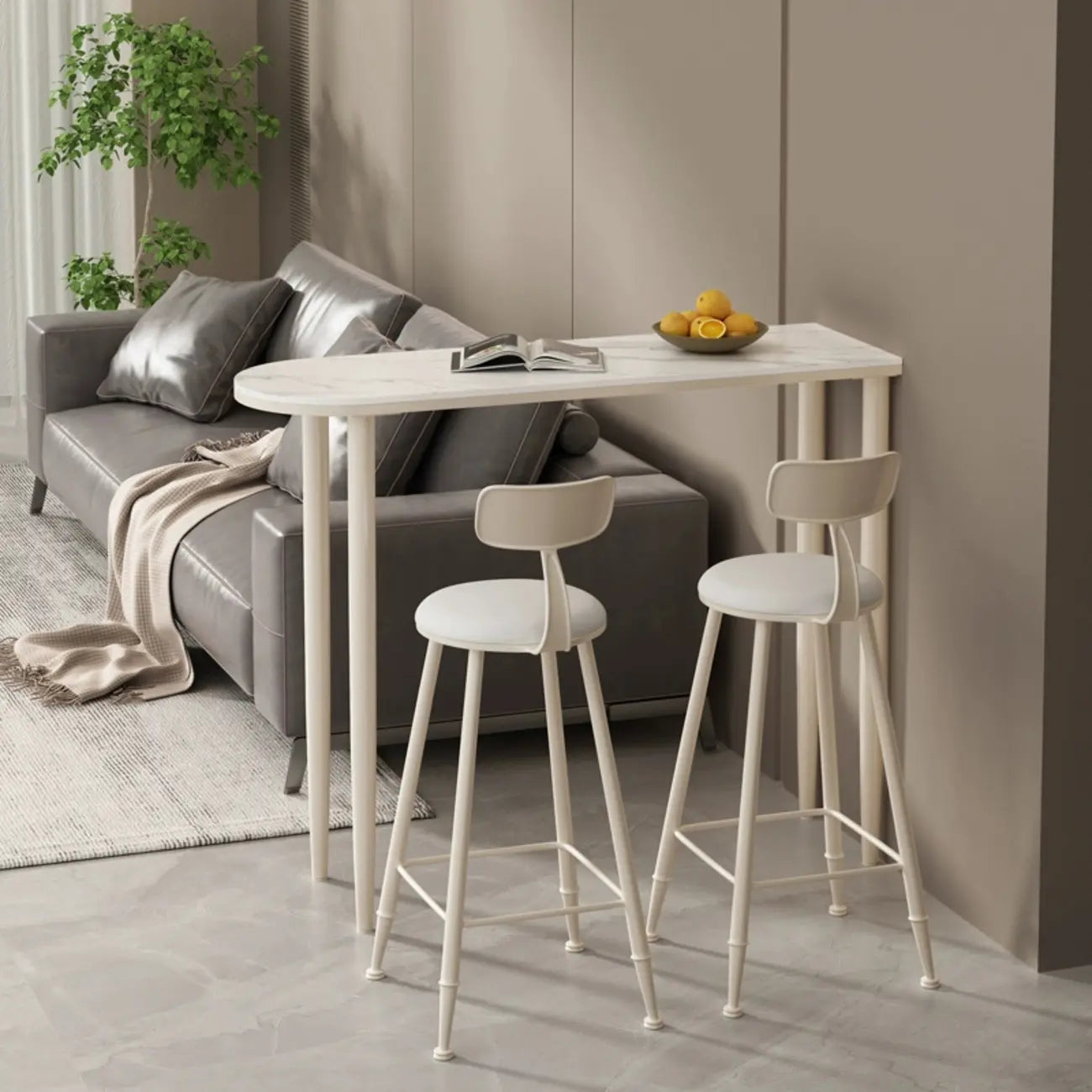 Table de bar moderne aux formes libres avec plateau en pierre blanche et structure en fer