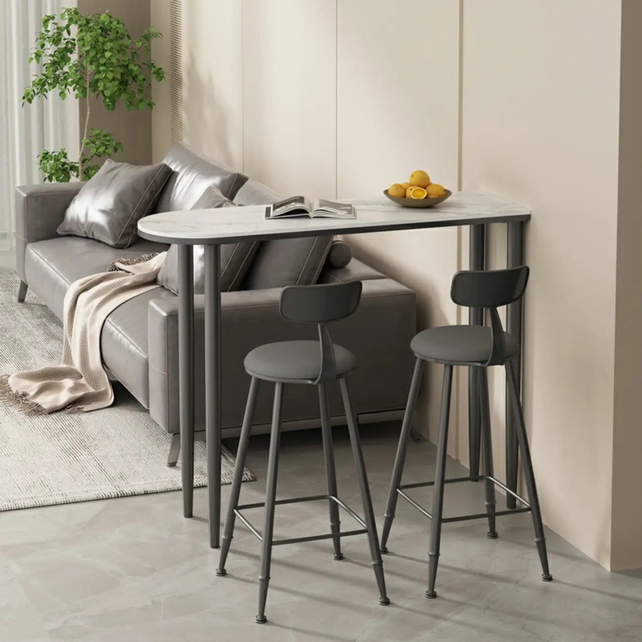 Table de bar moderne aux formes libres avec plateau en pierre blanche et structure en fer