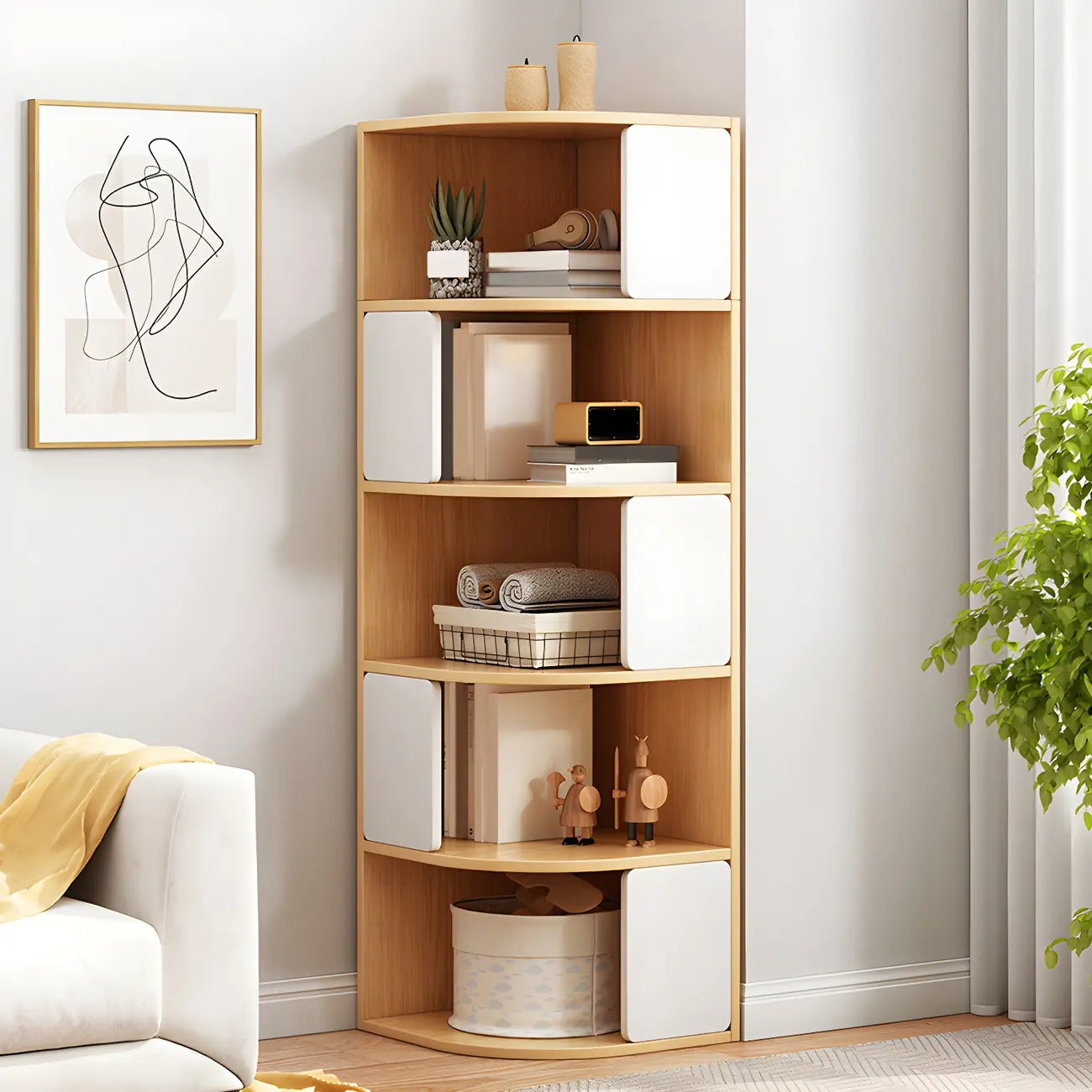 Bibliothèque d'angle étroite et moderne à 5 niveaux en bois brun