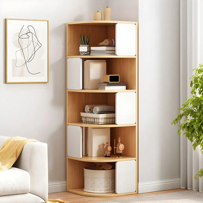 Bibliothèque d'angle étroite et moderne à 5 niveaux en bois brun