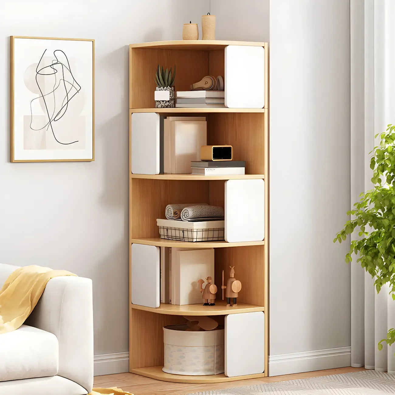 Bibliothèque d'angle étroite et moderne à 5 niveaux en bois brun