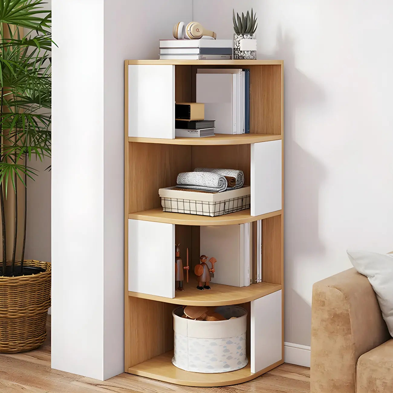 Bibliothèque d'angle étroite et moderne à 5 niveaux en bois brun
