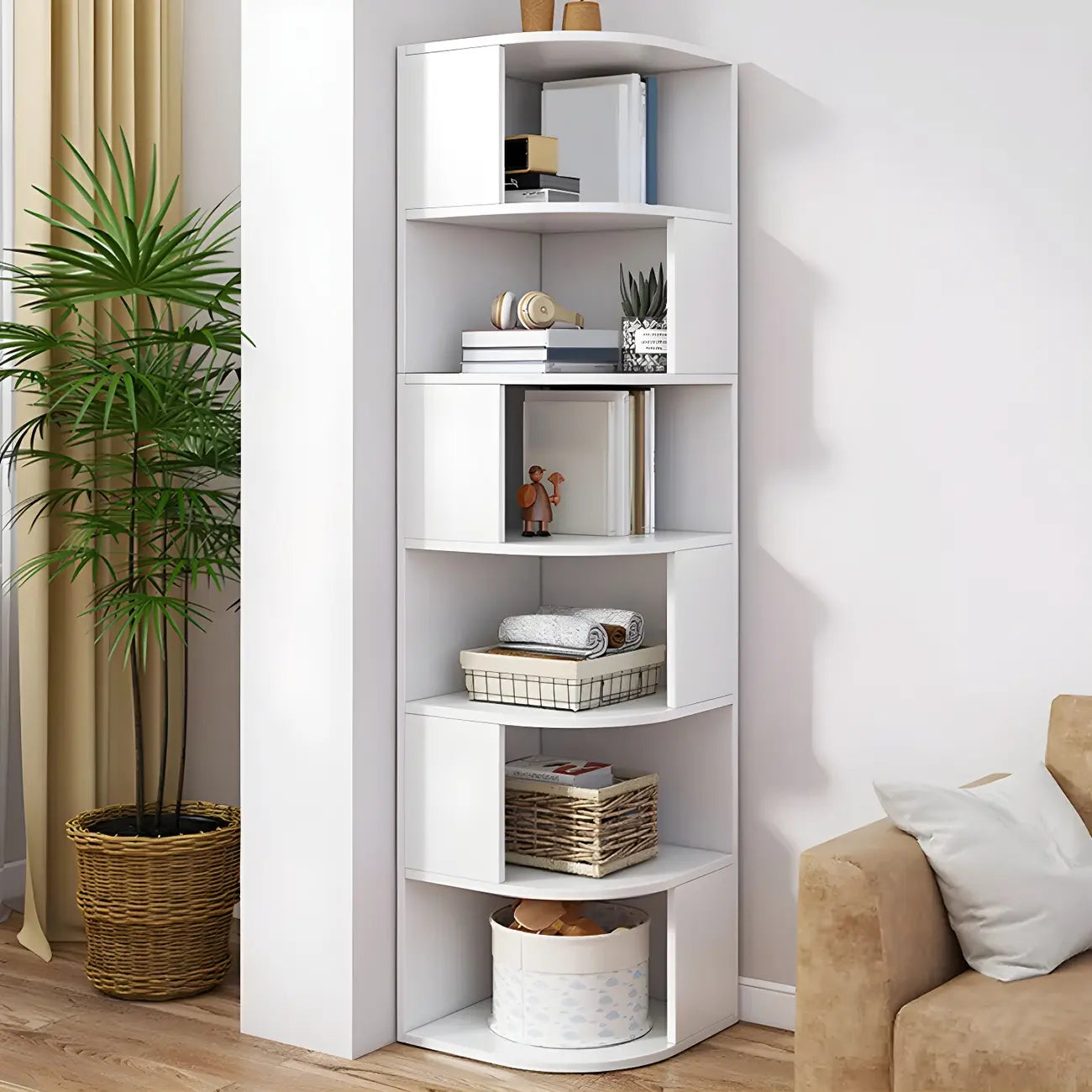 Bibliothèque d'angle étroite et moderne à 5 niveaux en bois brun