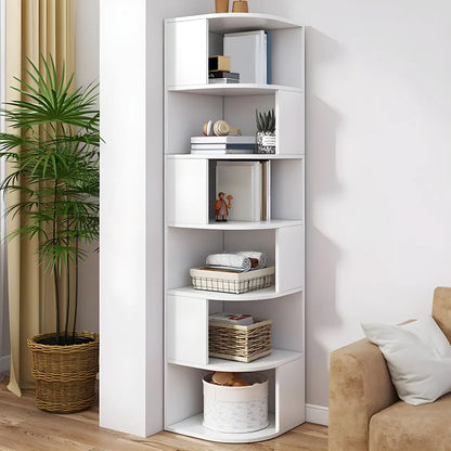 Bibliothèque d'angle étroite et moderne à 5 niveaux en bois brun