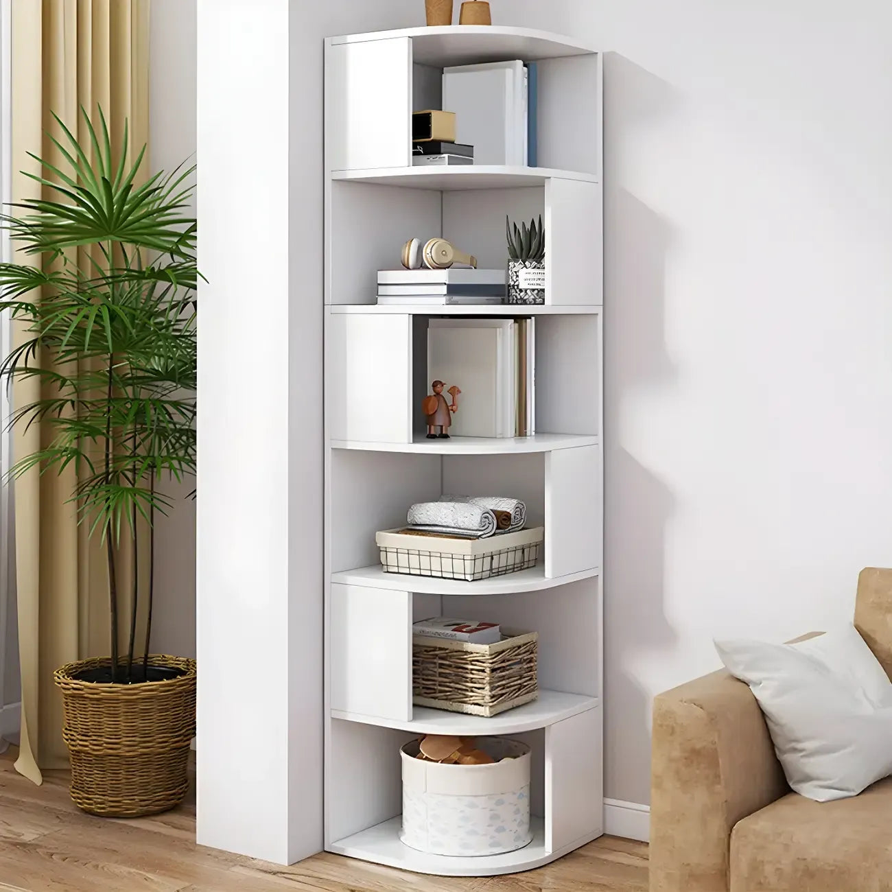 Bibliothèque d'angle étroite et moderne à 5 niveaux en bois brun