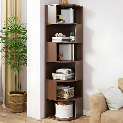 Bibliothèque d'angle étroite et moderne à 5 niveaux en bois brun