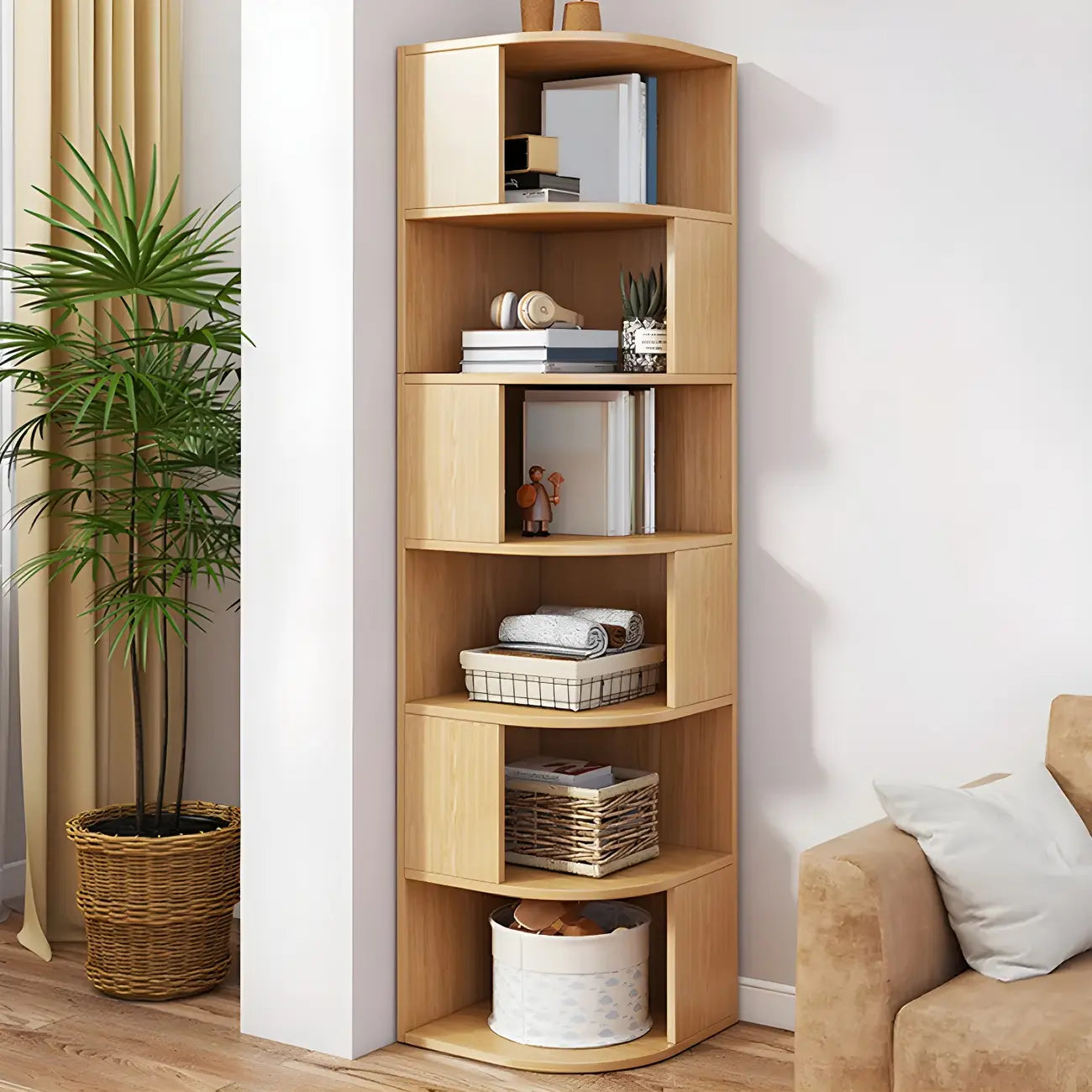 Bibliothèque d'angle étroite et moderne à 5 niveaux en bois brun