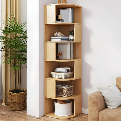 Bibliothèque d'angle étroite et moderne à 5 niveaux en bois brun