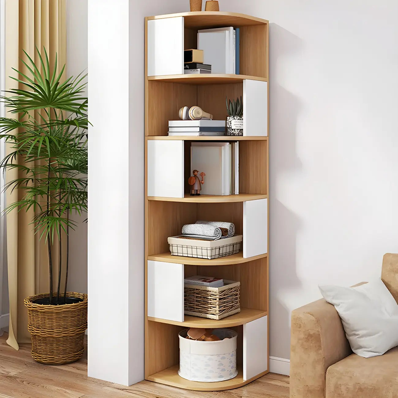 Bibliothèque d'angle étroite et moderne à 5 niveaux en bois brun