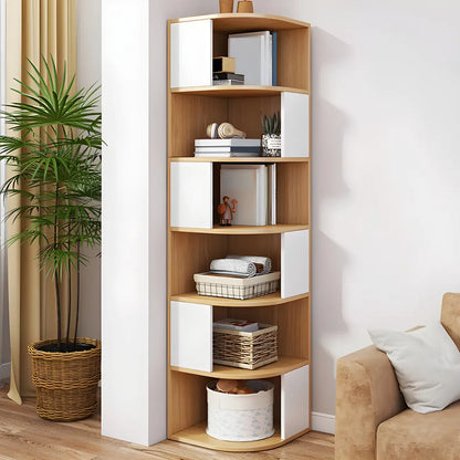 Bibliothèque d'angle étroite et moderne à 5 niveaux en bois brun
